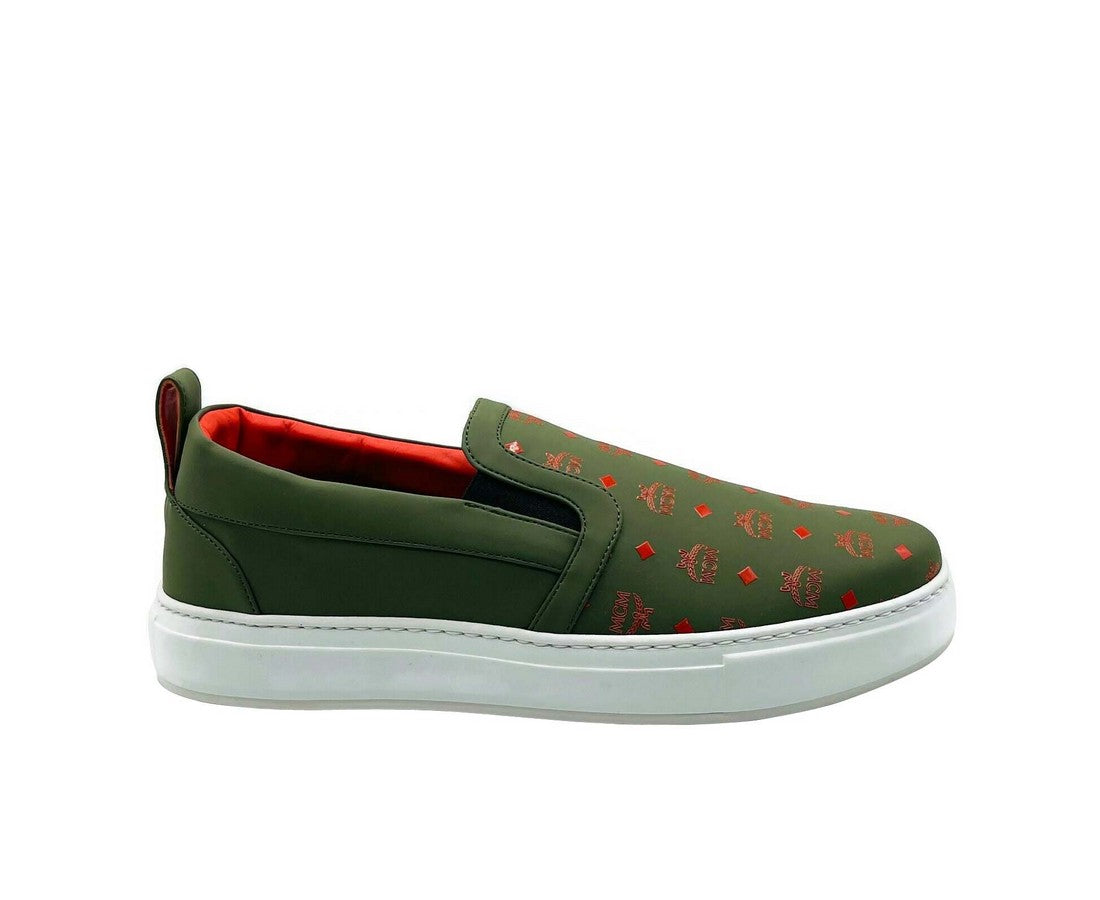 MCM Men's Moss Green Orange Logo Leather Slip On Sneaker (41 EU / 8 US)