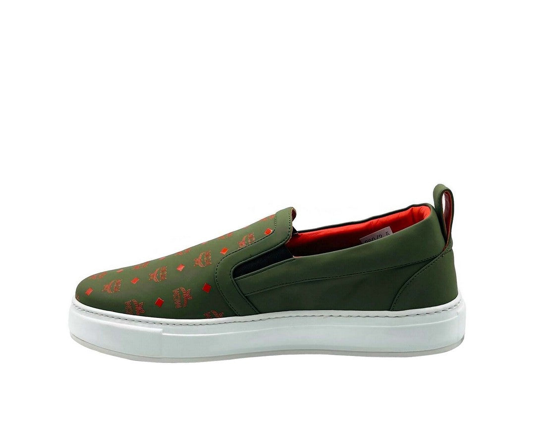 MCM Men's Moss Green Orange Logo Leather Slip On Sneaker (41 EU / 8 US)