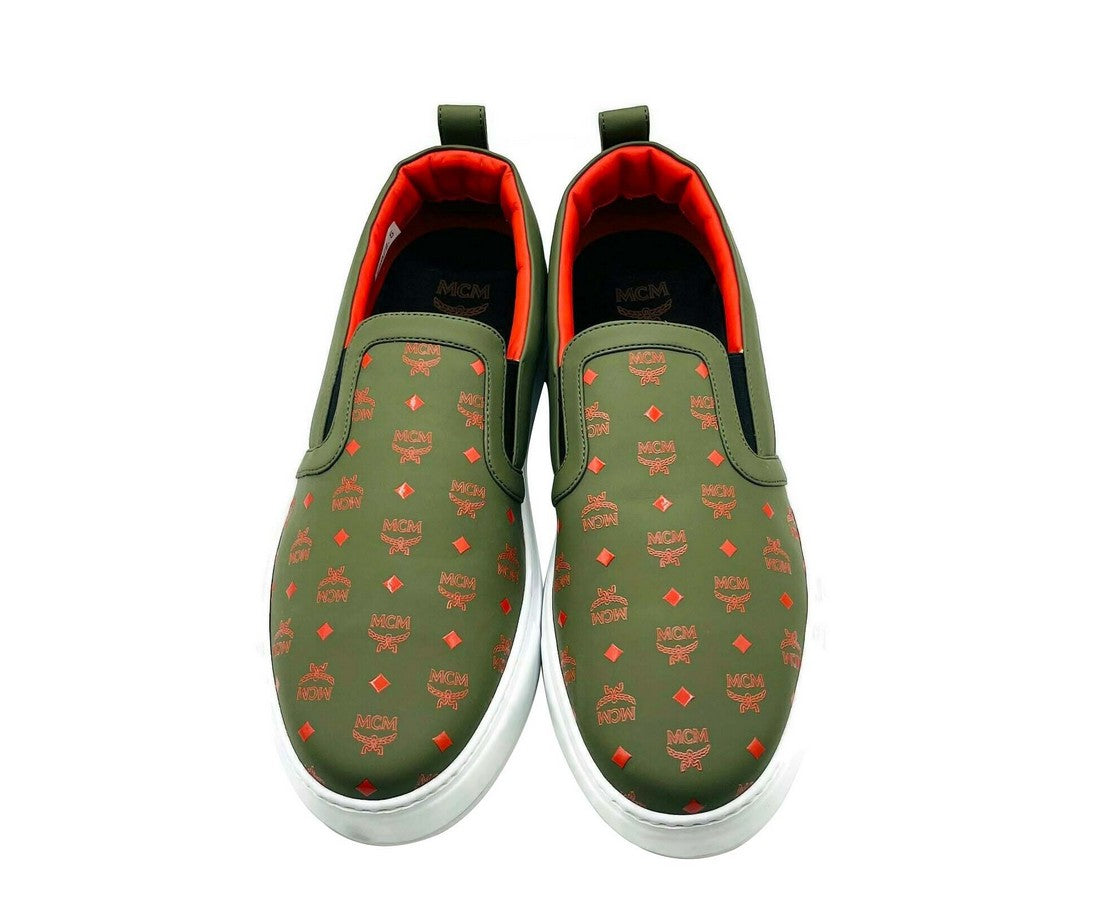 MCM Men's Moss Green Orange Logo Leather Slip On Sneaker (41 EU / 8 US)