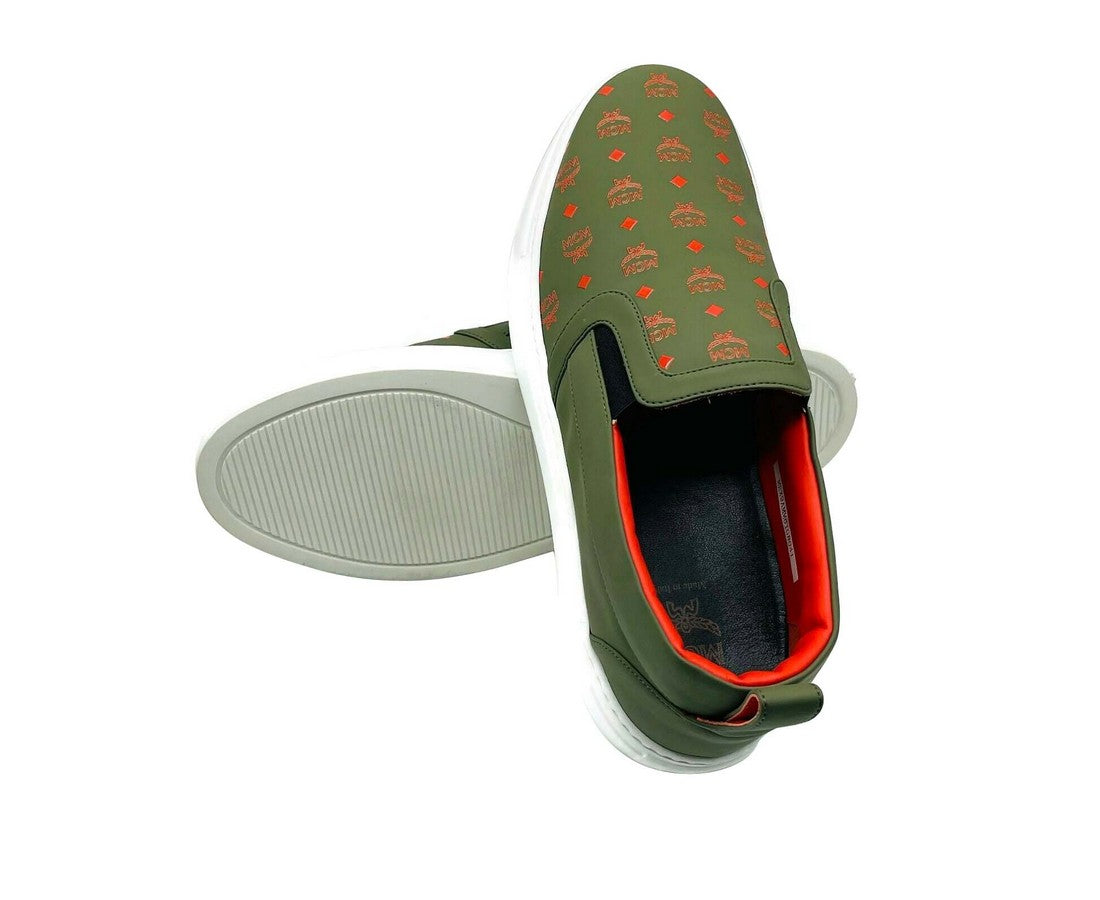 MCM Men's Moss Green Orange Logo Leather Slip On Sneaker (41 EU / 8 US)