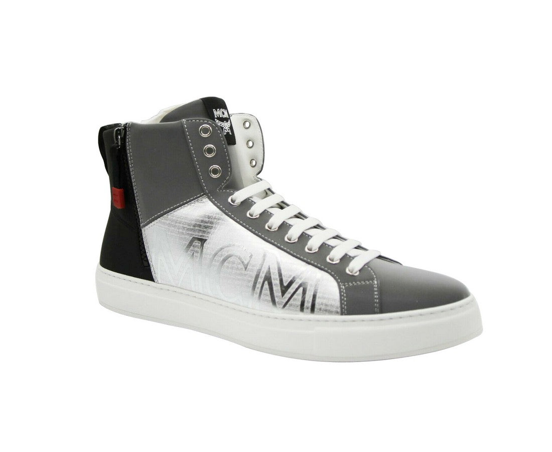 MCM Men's Silver / Black Reflective Leather Logo Hi Top Sneaker (42 EU / 9 US)