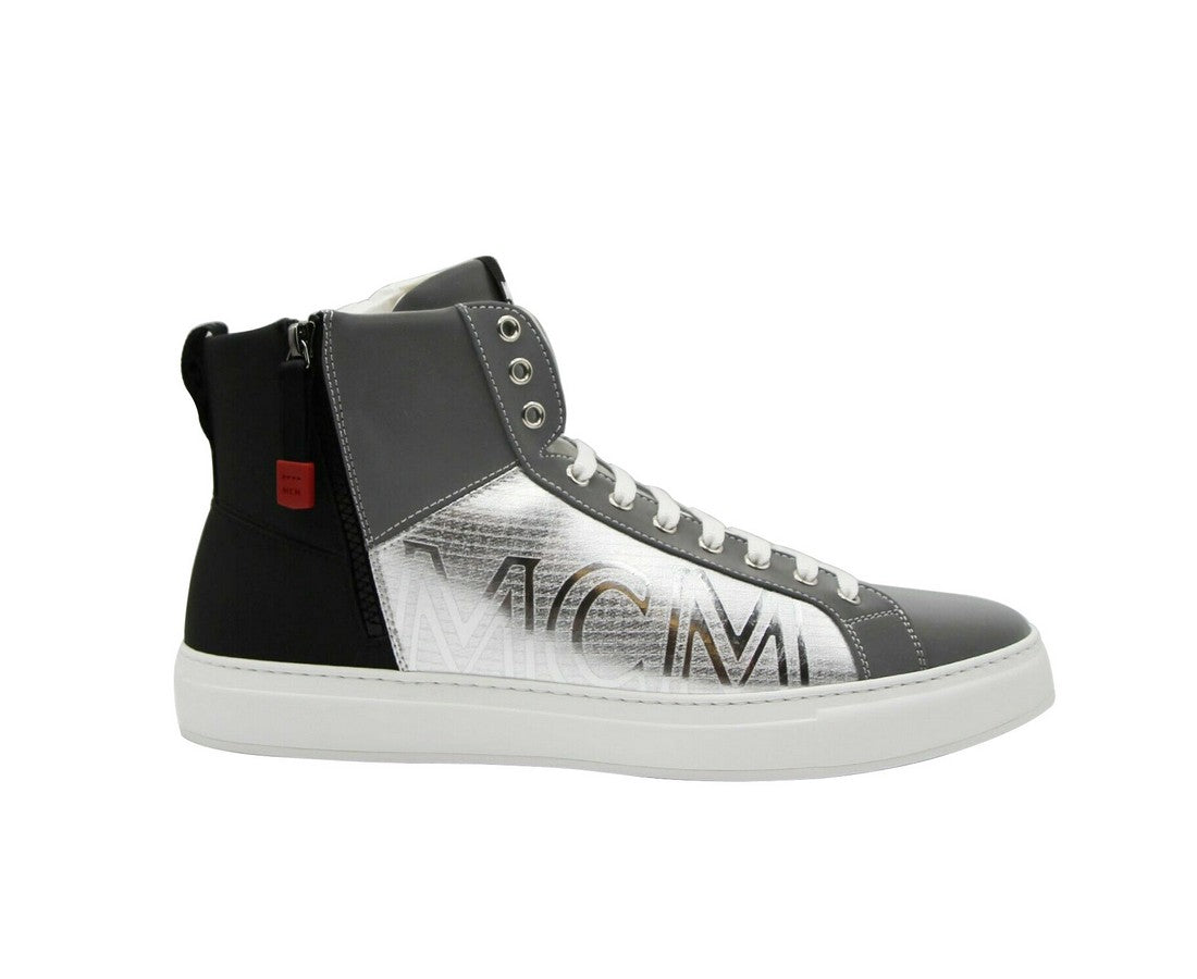 MCM Men's Silver / Black Reflective Leather Logo Hi Top Sneaker (42 EU / 9 US)