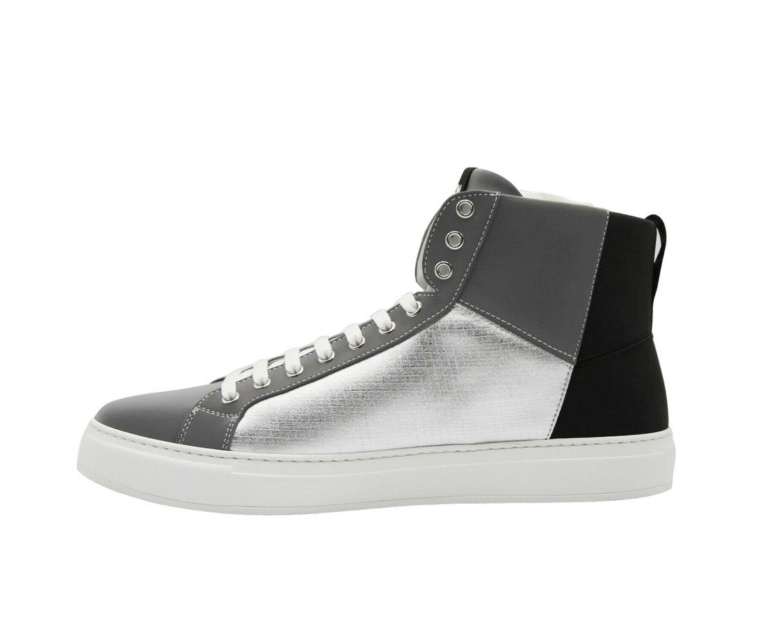 MCM Men's Silver / Black Reflective Leather Logo Hi Top Sneaker (42 EU / 9 US)