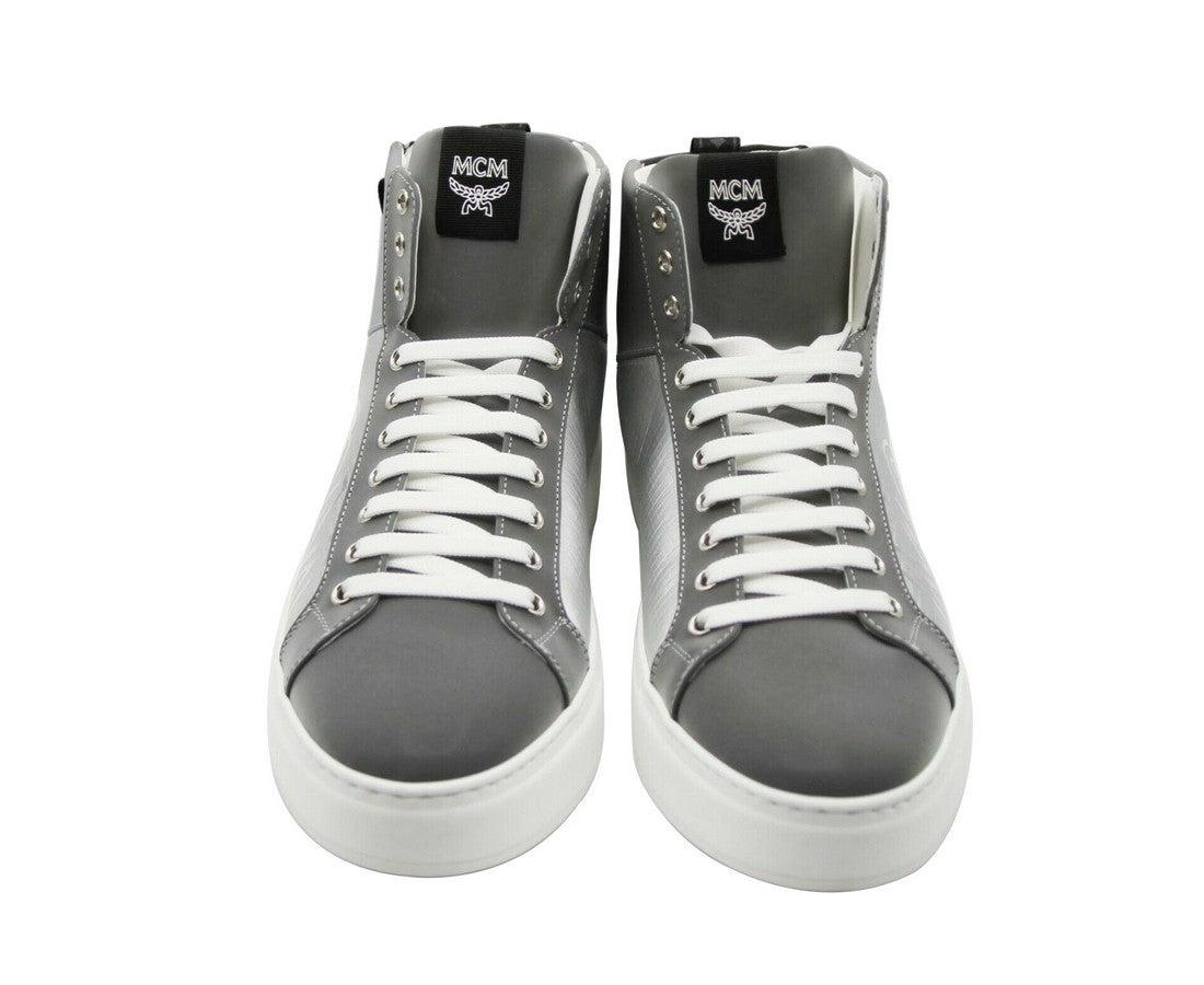 MCM Men's Silver / Black Reflective Leather Logo Hi Top Sneaker (42 EU / 9 US)