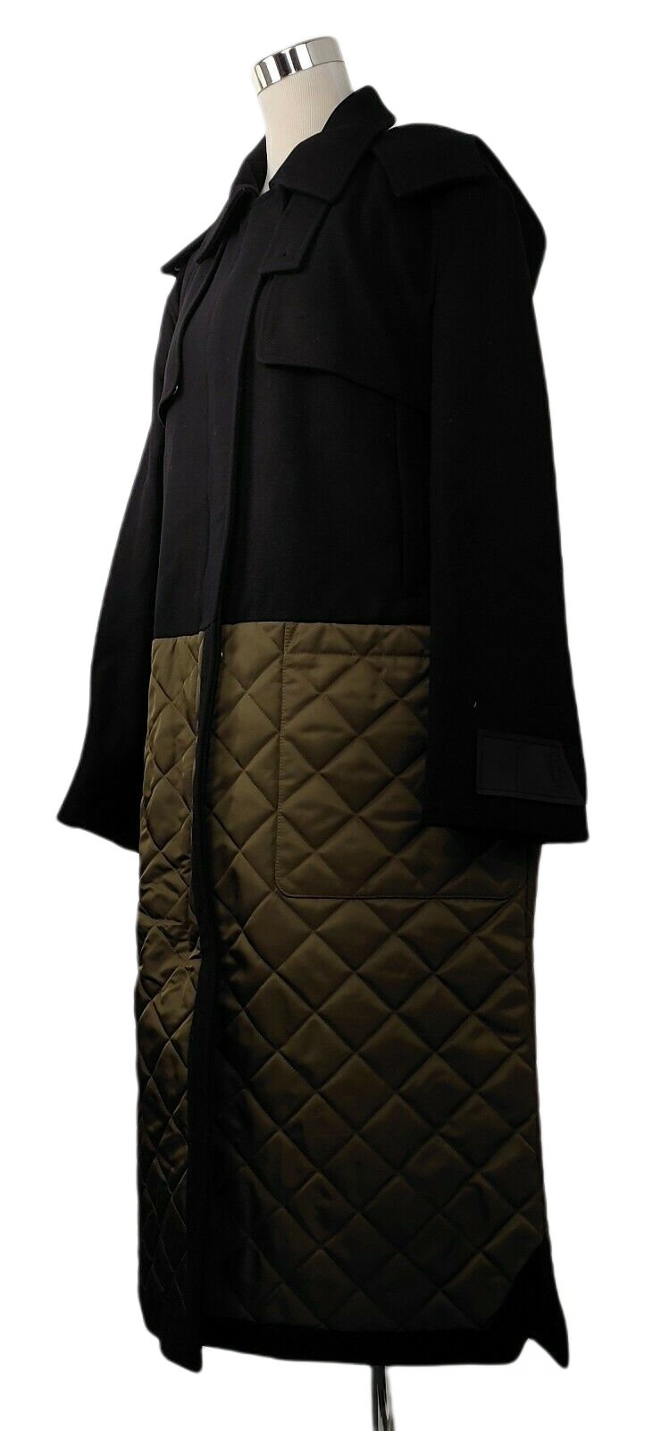 MCM Women's Black Wool/ Olive Green Quilted Nylon Long Coat w/Hood (IT