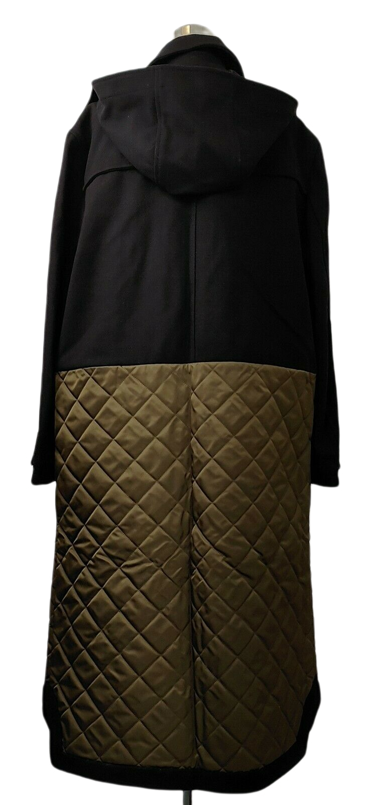 MCM Women's Black Wool/ Olive Green Quilted Nylon Long Coat w/Hood (IT 44)