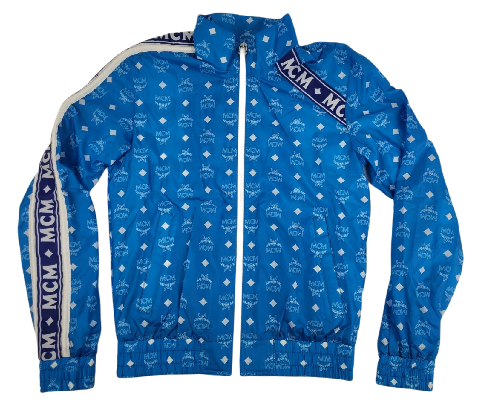 MCM Women's Blue Nylon Bomber Jacket w/White Logo Print IT 38