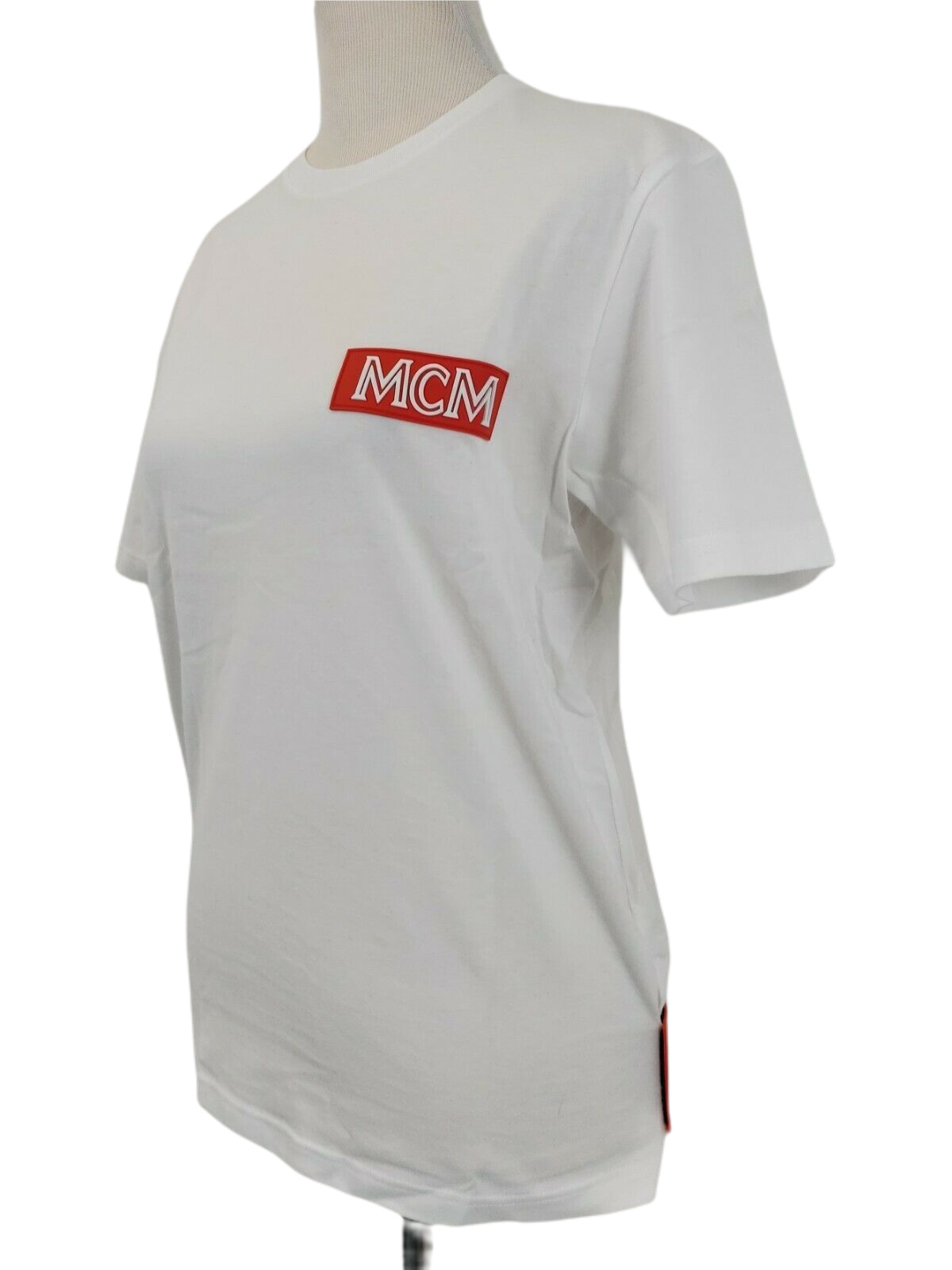 MCM Women's White Cotton T Shirt with Orange Rubber Logo