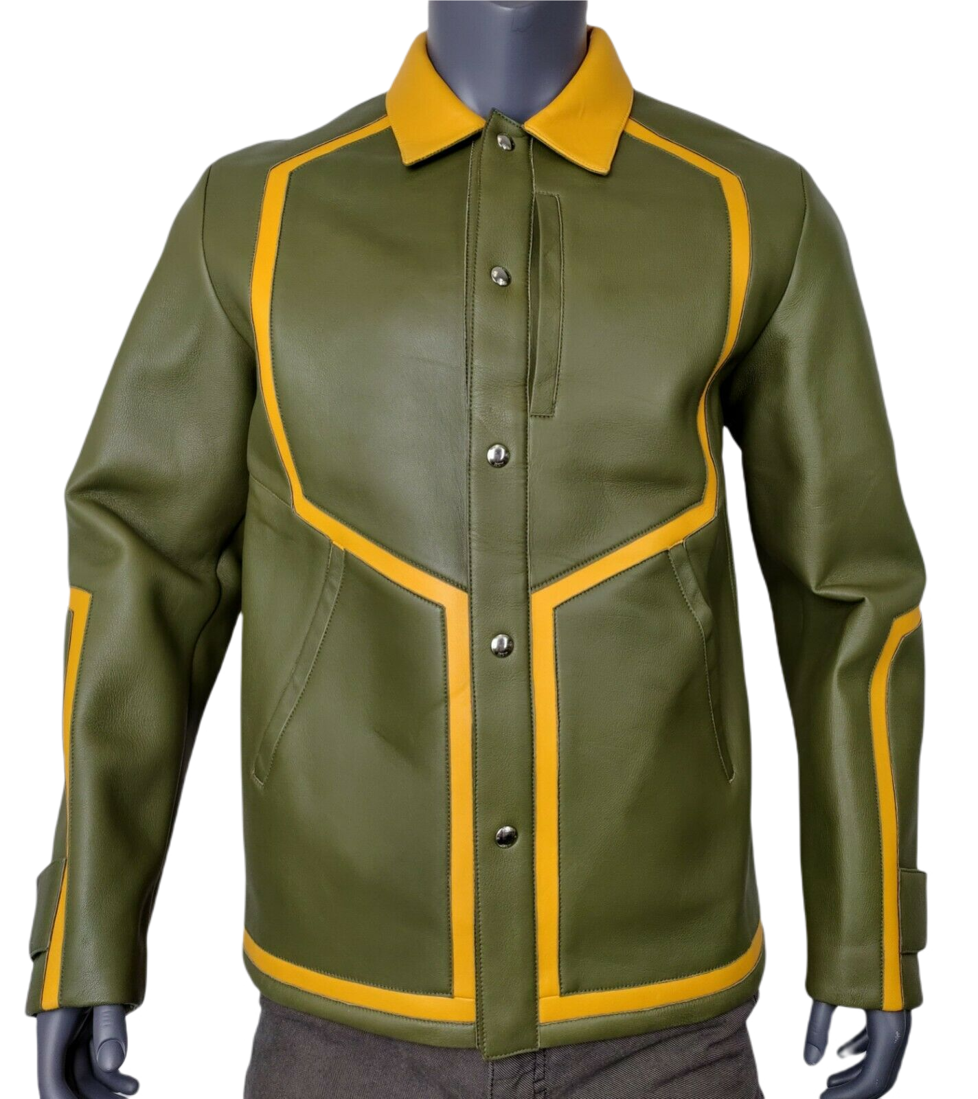 MCM Men's Winter Moss Green Leather Stripes Bomber Jacket