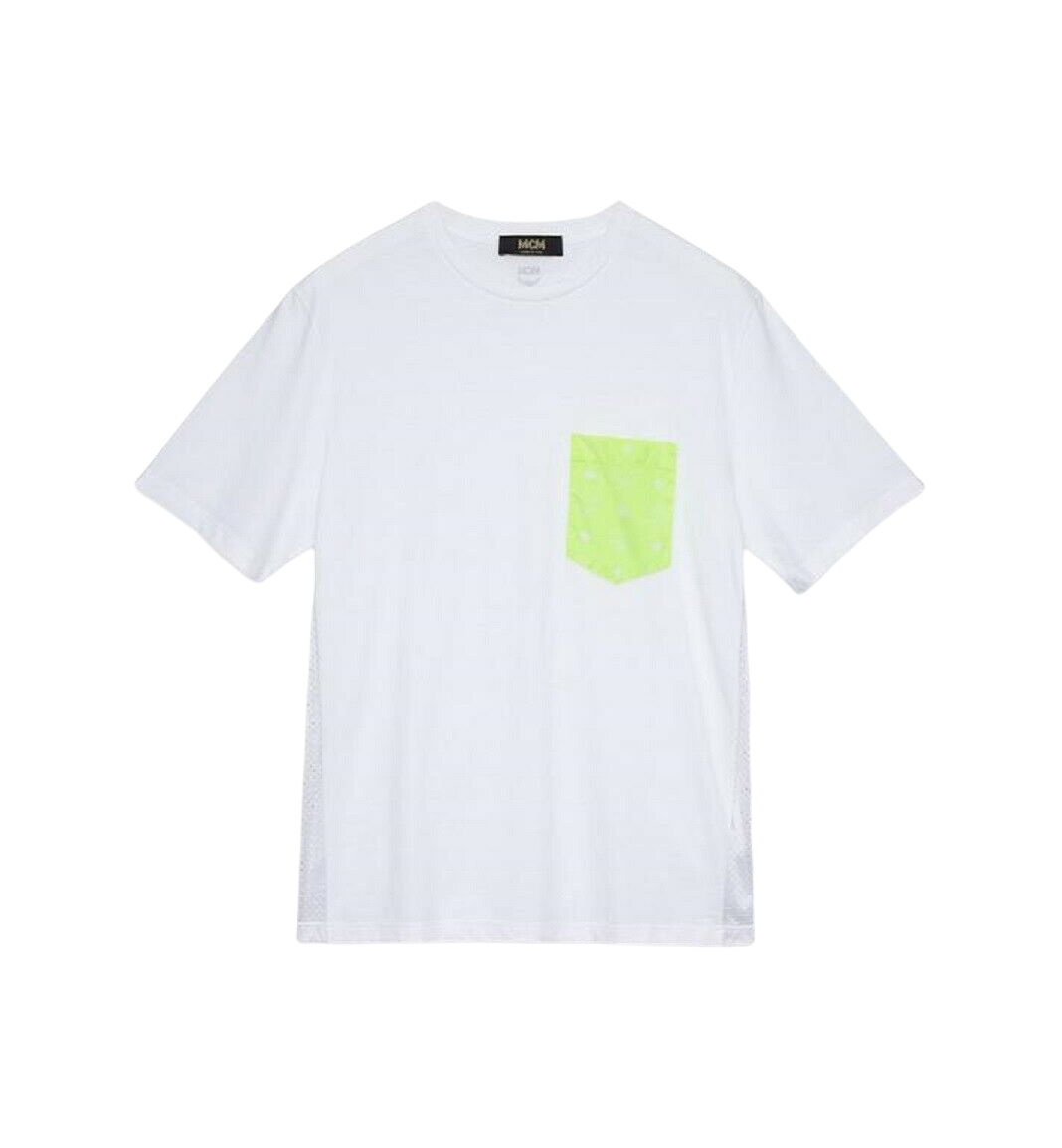 MCM Men's White Cotton Neon Yellow Nylon Pocket Flo T-Shirt MHT9ALC07WT