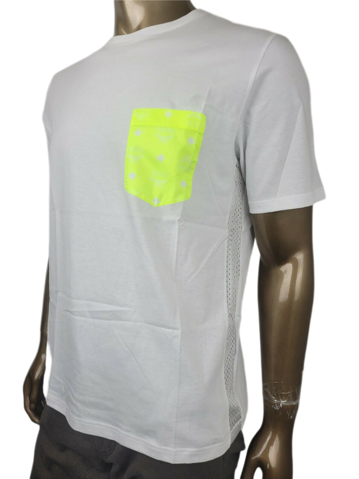 MCM Men's White Cotton Neon Yellow Nylon Pocket Flo T-Shirt MHT9ALC07WT