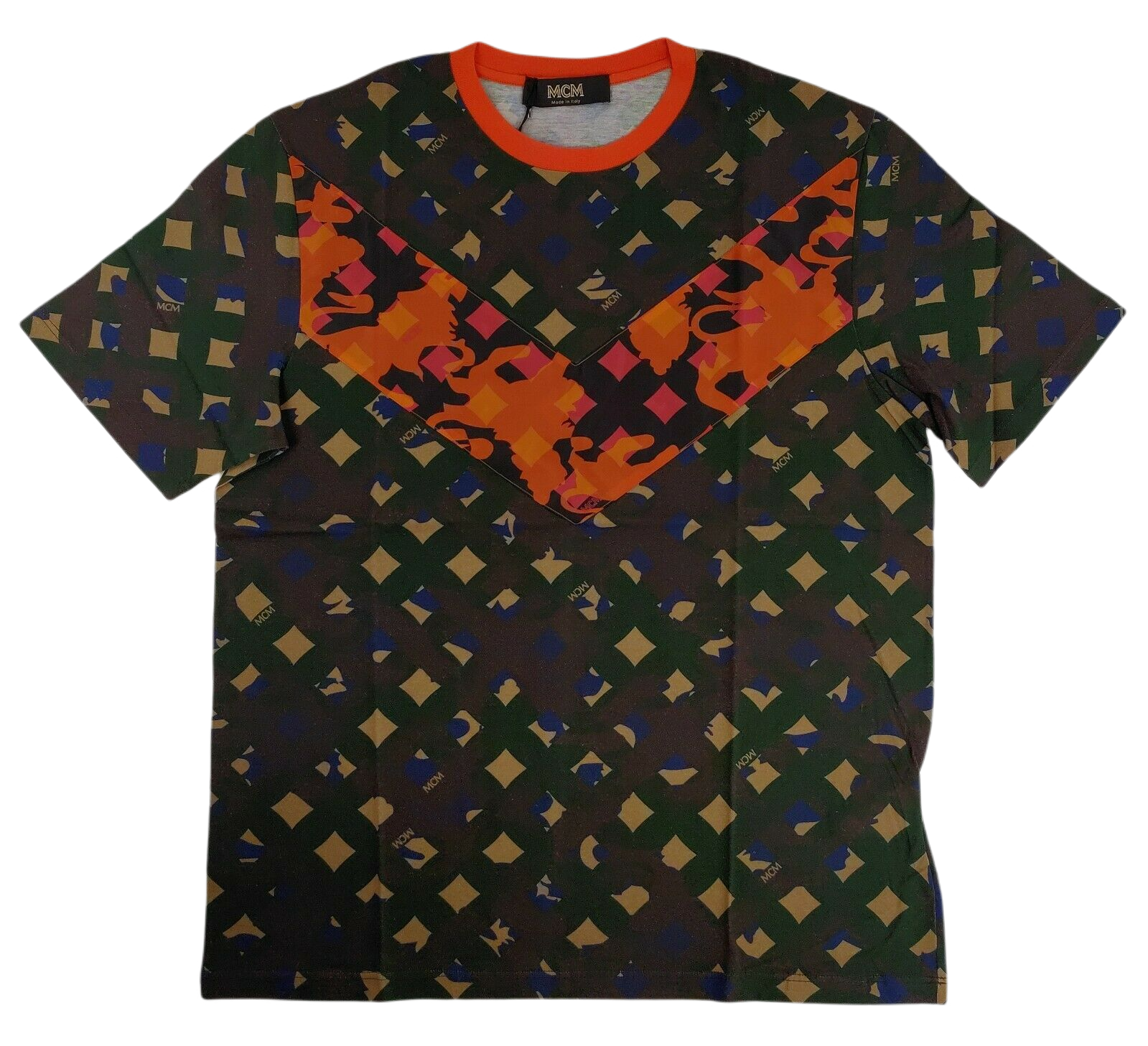 MCM Men's Jungle Green Cotton Camo Lion Chevron-v T Shirt