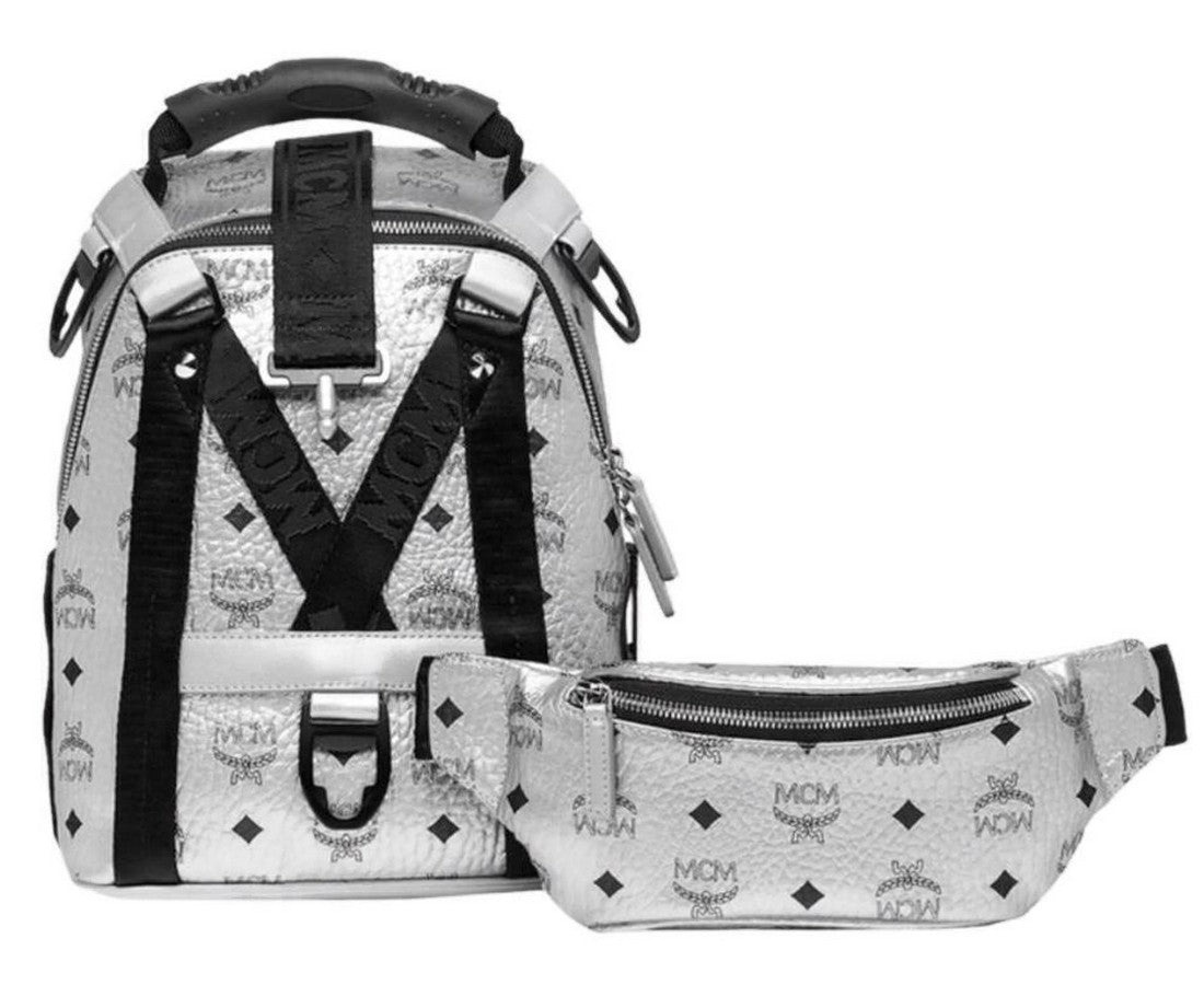 MCM Men's Jemison Silver Coated Canvas Small 2 In 1 Backpack Belt Bag  muk9sjv23sb001