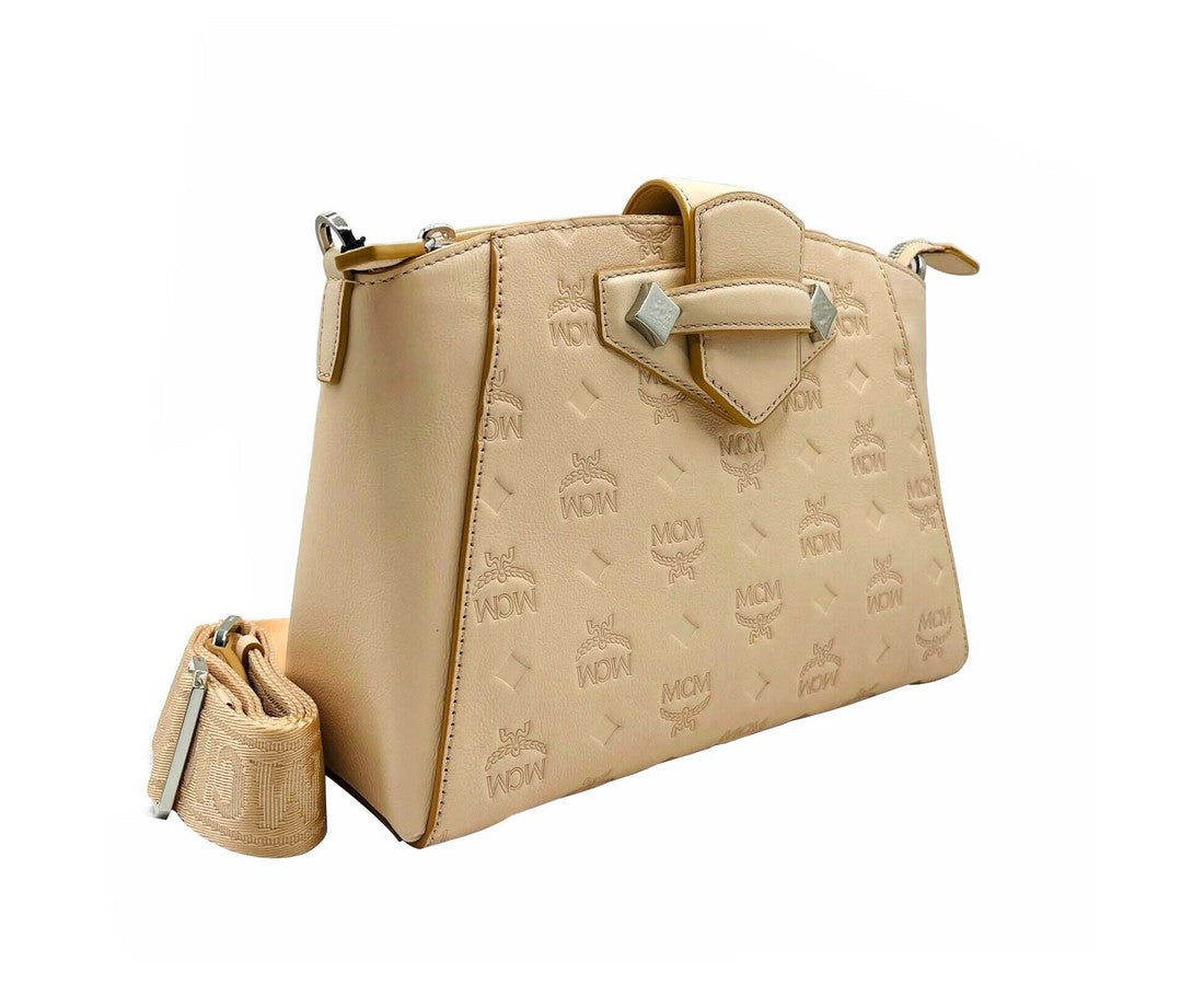 MCM Women's Beige Monogram Leather Essential Tote Crossbody Bag Beige/Peach