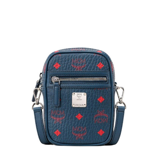 MCM Women's Deep Blue Visetos Red Logo Small Crossbody Bag