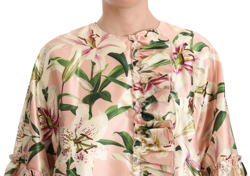 Dolce &amp; Gabbana Elegant Floral Ruffled Silk Long Women's Coat