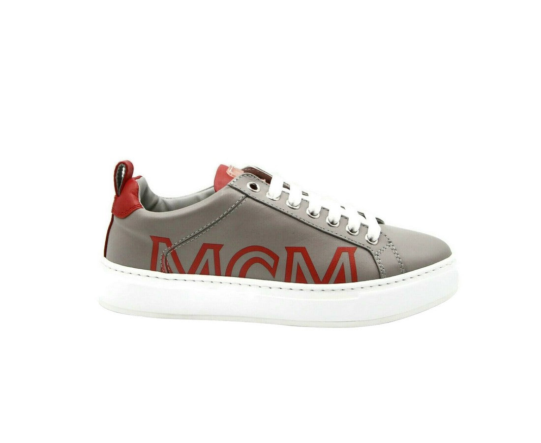 MCM Women's Grey Leather With Red Trim And Logo Low Top Sneaker MES9AMM16EG - LUX LAIR