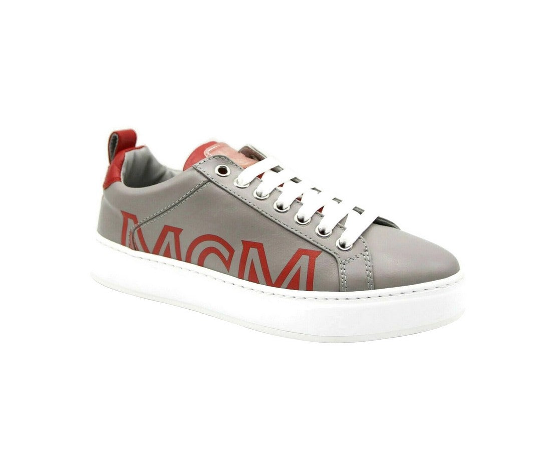 MCM Women's Grey Leather With Red Trim And Logo Low Top Sneaker MES9AMM16EG - LUX LAIR